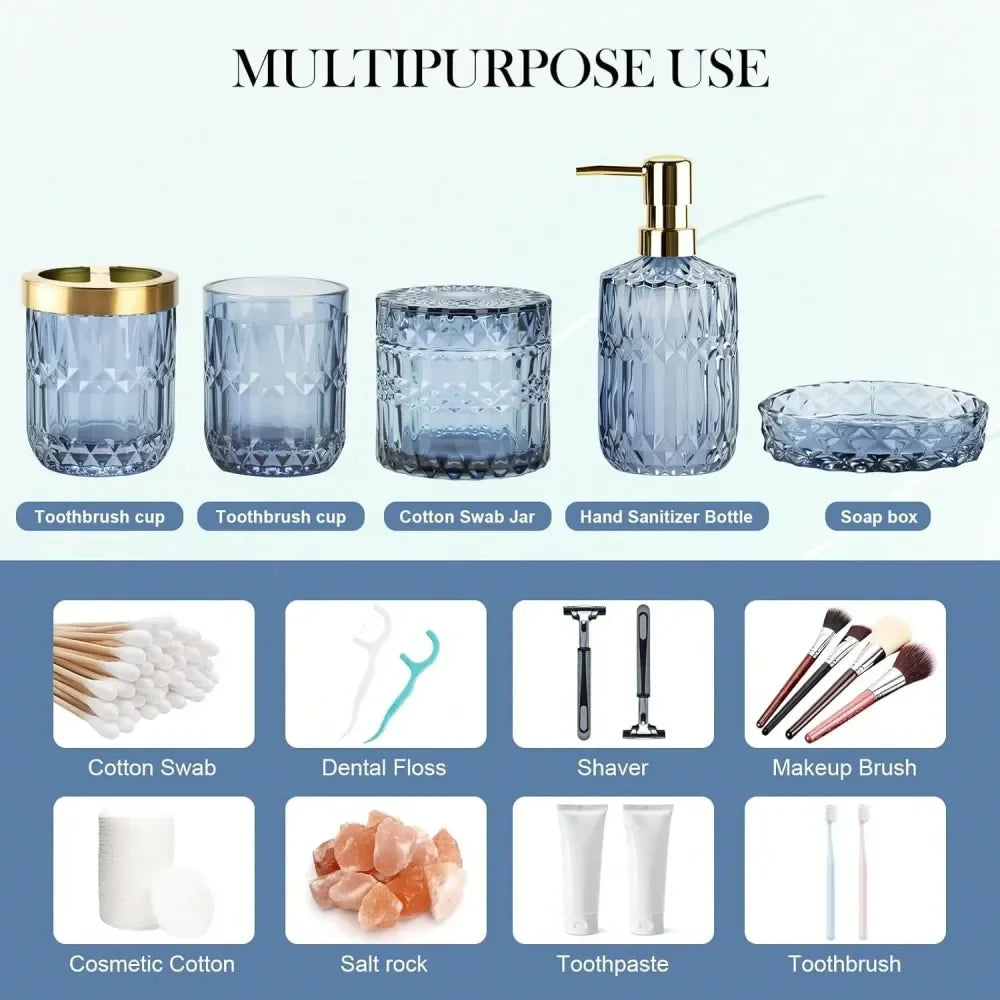 Bathroom Set,Blue Bathroom Accessories Set,Includes Lotion Soap Dispenser, Soap Dish, Toothbrush Holder, Tumbler, Cotton Swab J