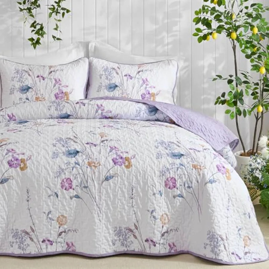 3 Pieces Quilt Set Size, Floral Botanical Plants Pattern Bedspread Coverlet Set with 2 Pillowcases, Soft Lightweight Microfiber
