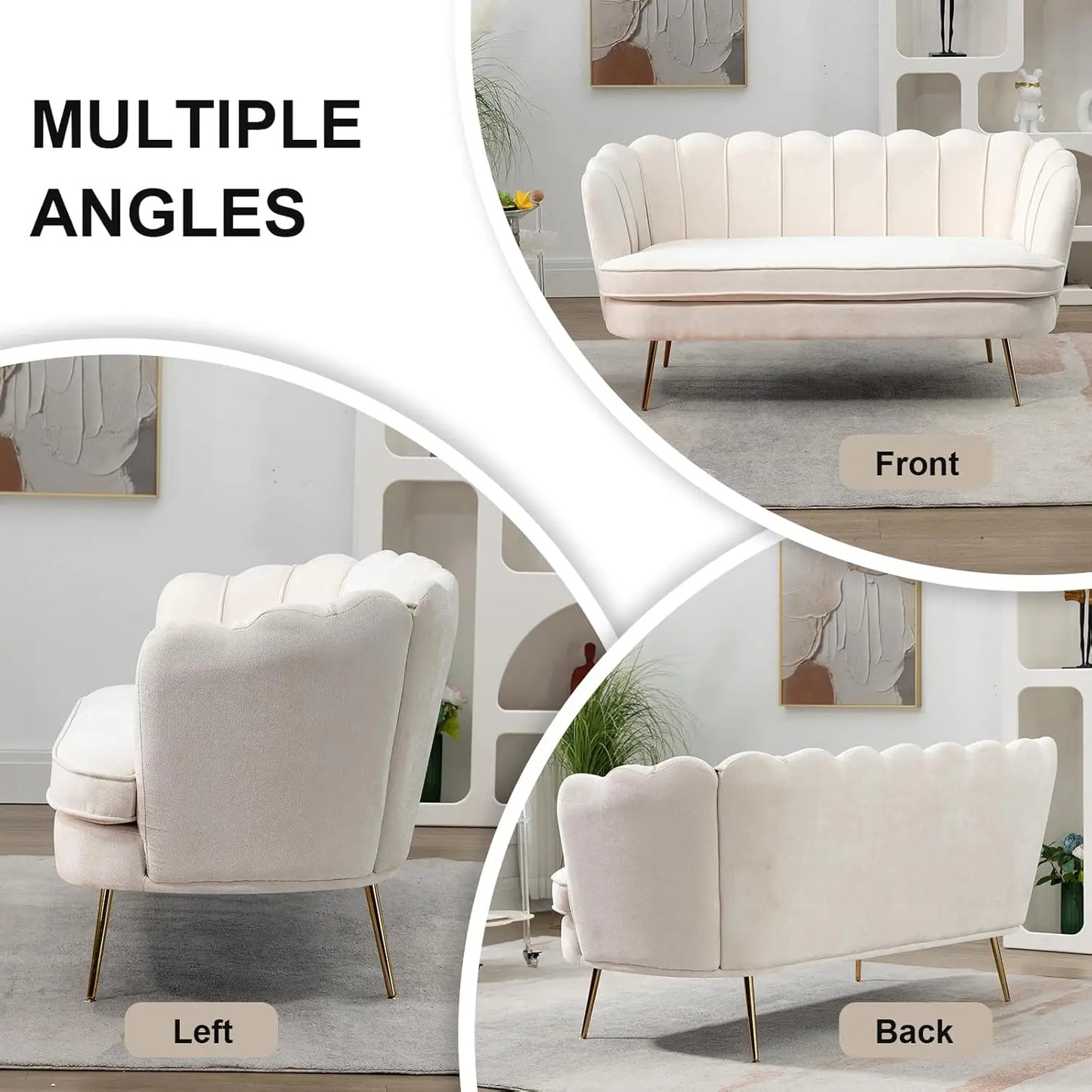 Chenille Upholstered Loveseat With Gold Metal Legs Petal Design