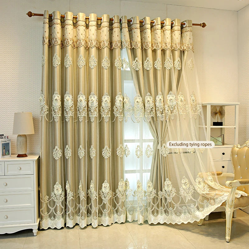 NONECN Elegant Double Layer Embossed 3D Embroidered Blackout Curtains Bedroom