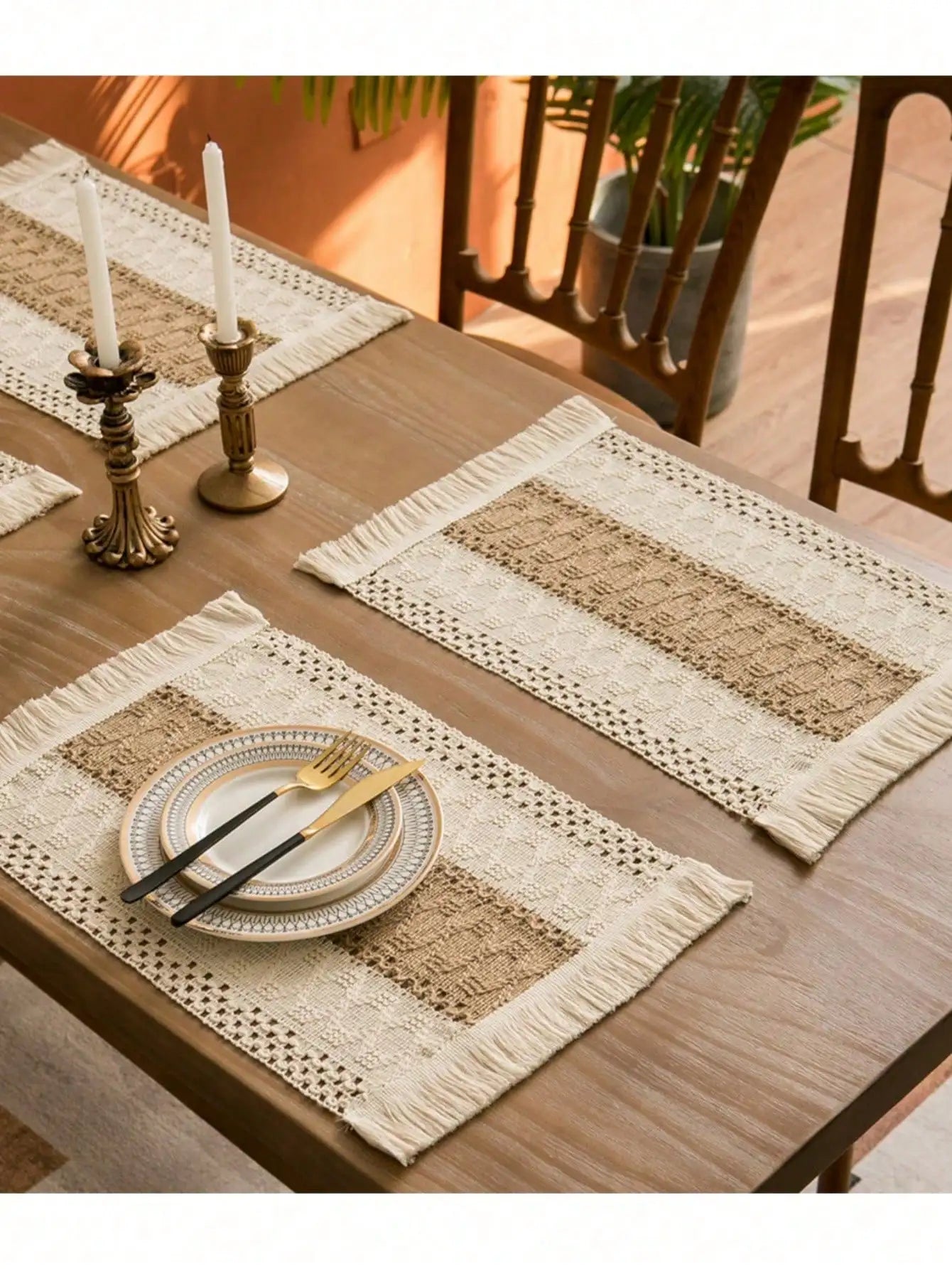 1/4/8pcs Linen Placemats, Placemats Rustic Hemstitch Place Mats For Kitchen Table