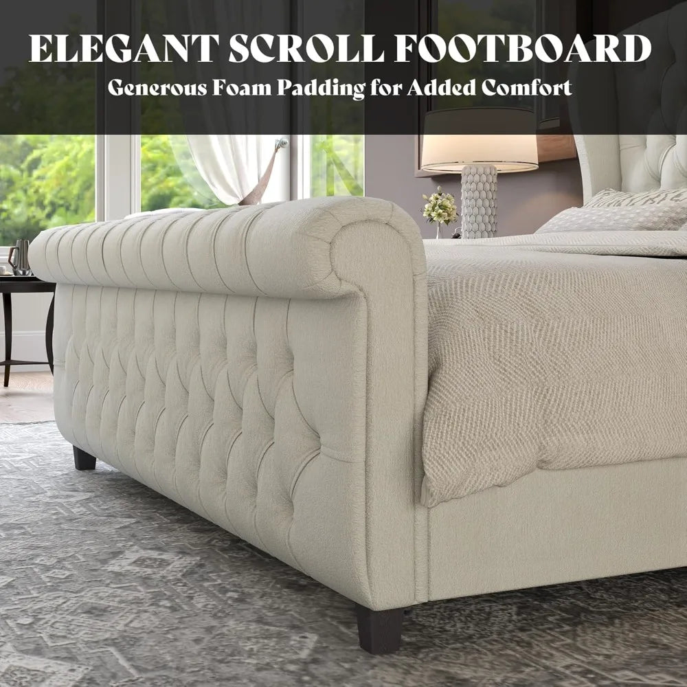 California King Size Platform Bed Frame, with Scroll Wingback Headboard & Footboard, Velvet Upholstered Sleigh Bed
