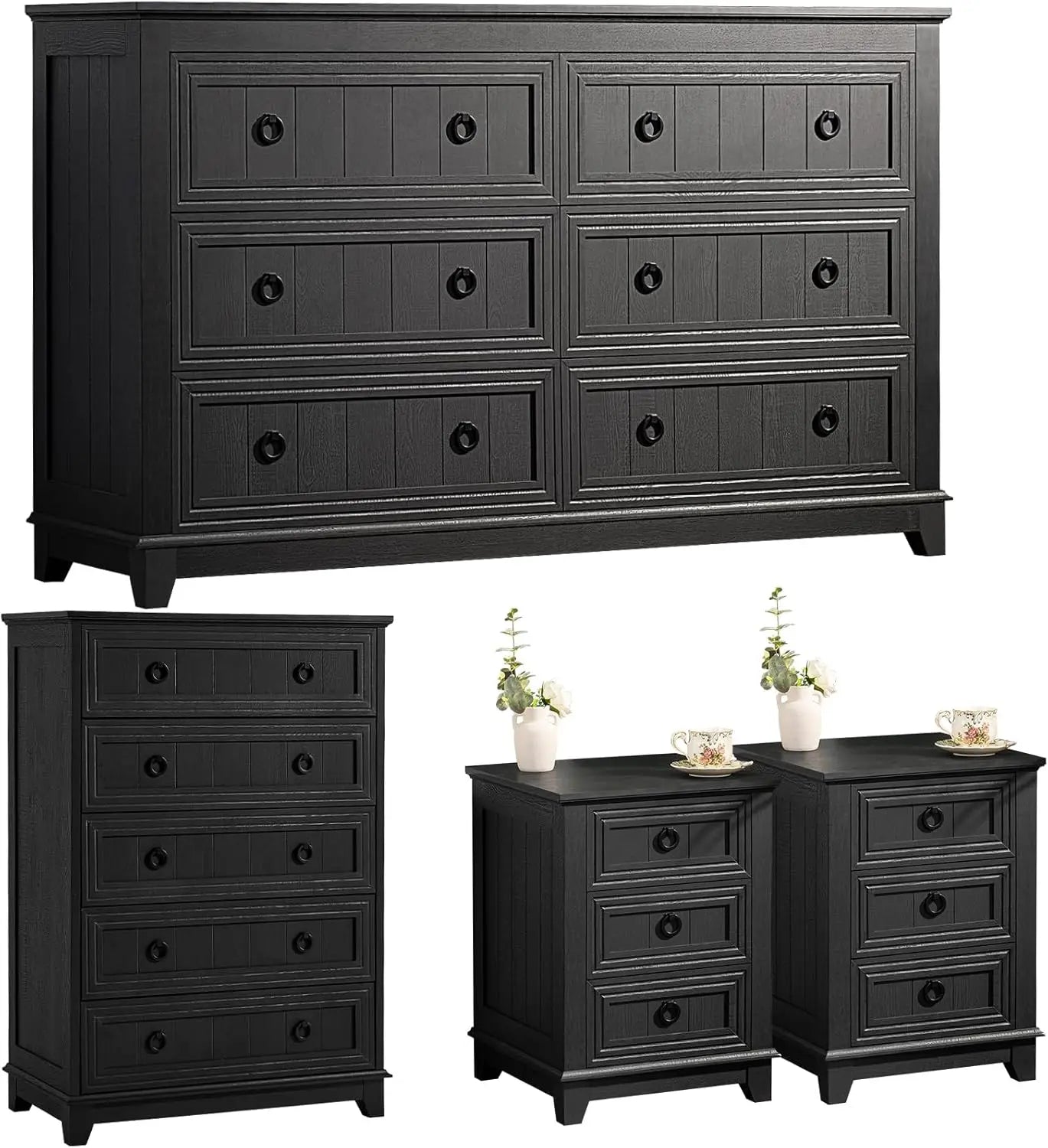 Bedroom Dresser and Nightstand Sets 4 Piece,18" Nightstands Set of 2, 54" Wide Furniture Dressers for Bedroom,Living Room, Black
