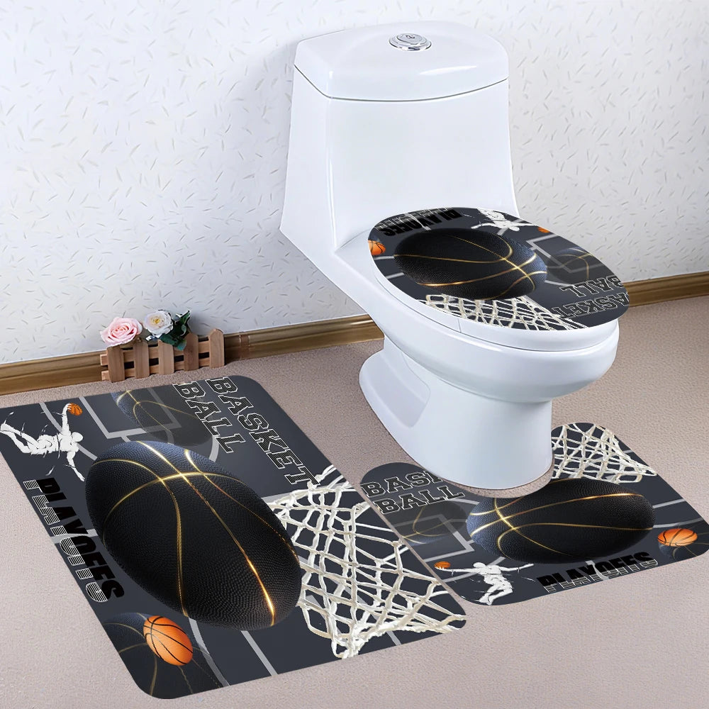 Basketball Themed Four-Piece Bath Set With Waterproof Shower Curtain