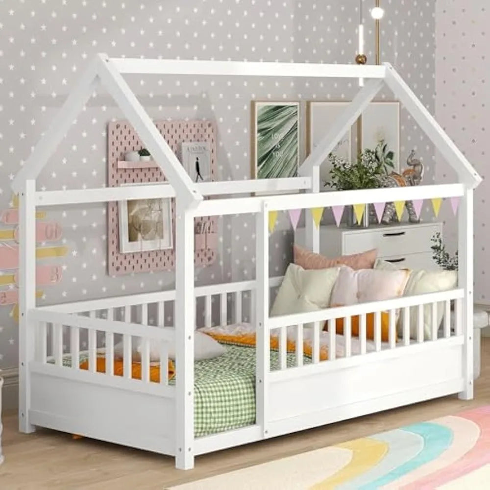Montessori Floor Bed Twin Size, Twin Montessori Bed with Fence, Twin Size House Bed for Kids, Girls, Boys