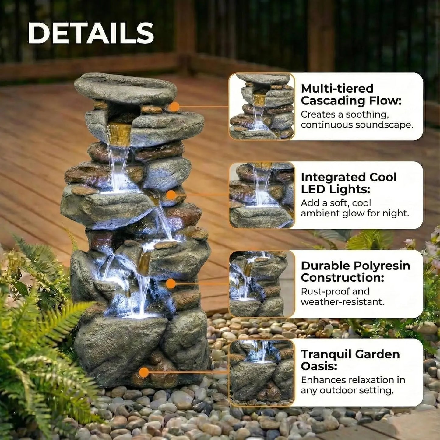Outdoor Water Fountain Large - Stone Fountains with LED Light for Patio Yard Garden Backyard Decking Outdoor or Entryway Decor 3