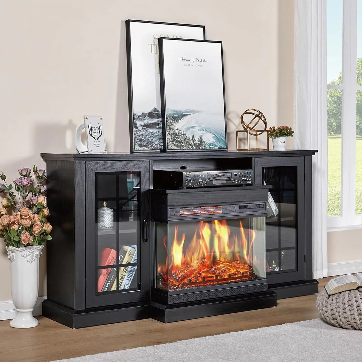 Three Sided Glass Fireplace TV Stand With Adjustable Flame Effects