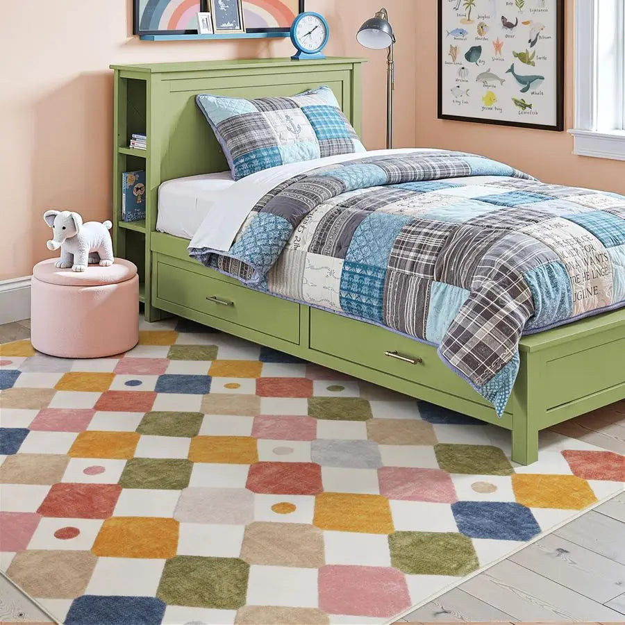 Kids Washable Indoor Rug Diamond Pattern Non Slip Classroom