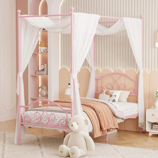 Princess Canopy Bed Frame With Four Posts For Kids