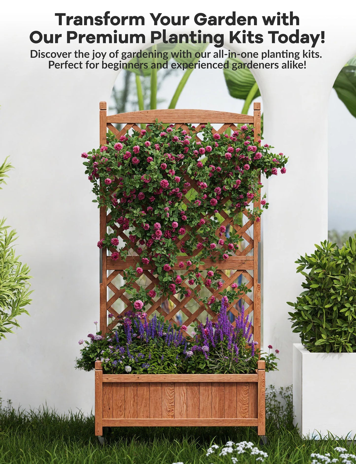 Twister.CK Wood Planter Box With Trellis On Wheels For Plants