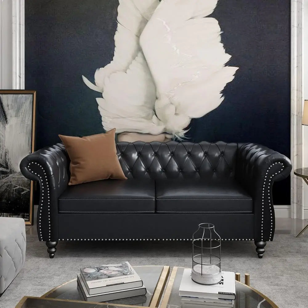 Chesterfield Leather Sofa and Loveseat with Scroll Arm