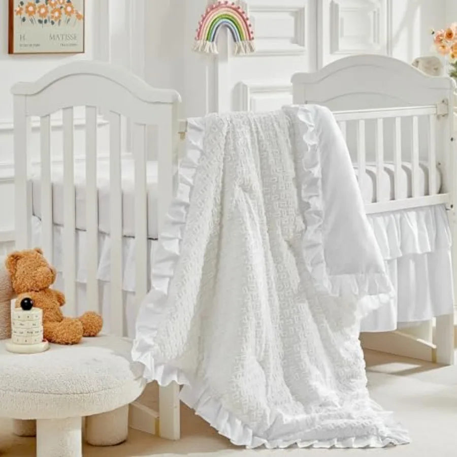 3 Pieces Tufted Crib Bedding Set with Ruffle Fringe Ruffled Comforter with Fitted Sheet and Bed Skirt Soft and Embroidery Shabb