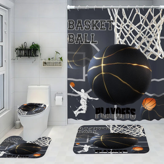 Basketball Themed Four-Piece Bath Set With Waterproof Shower Curtain