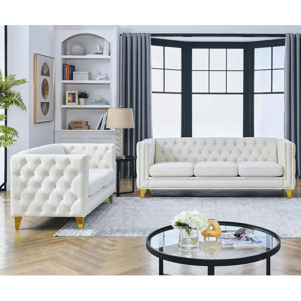 Velvet Sofa Set: Button-Tufted 3-Seat Sofa and 2-Seat Loveseat with Nailhead Trims and Metal Legs