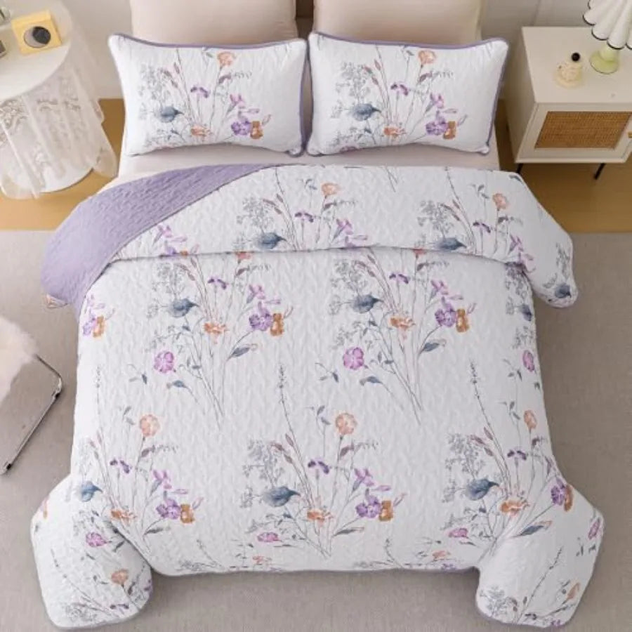 3 Pieces Quilt Set Size, Floral Botanical Plants Pattern Bedspread Coverlet Set with 2 Pillowcases, Soft Lightweight Microfiber