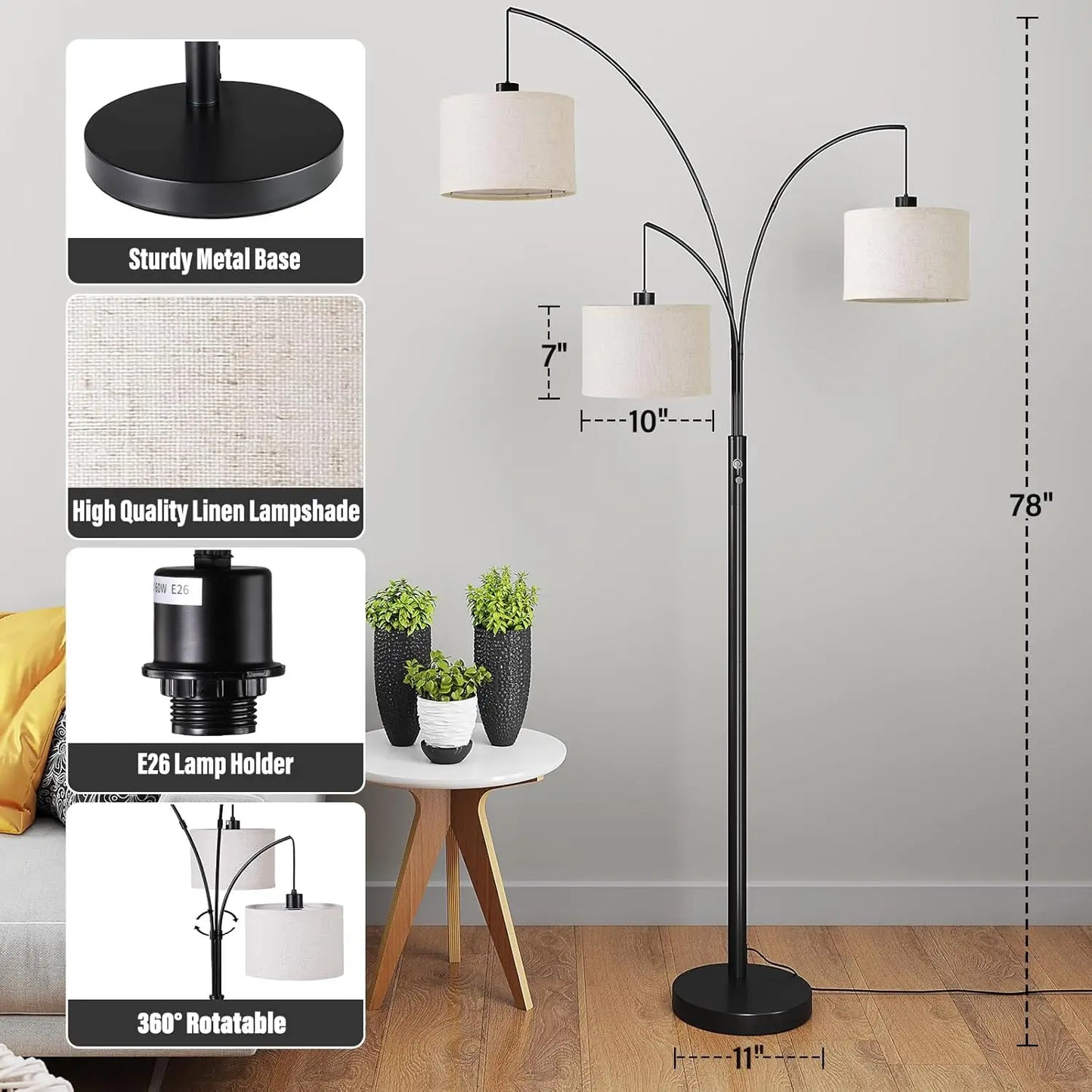 Three Light Arc Floor Lamp with Rotatable Shades for Living Room