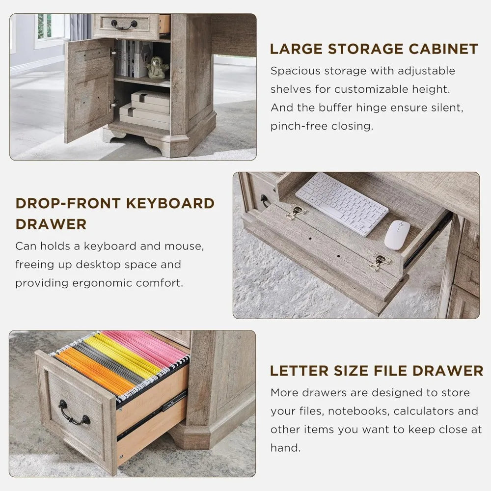 Farmhouse Executive Desk with Hutch,Wood Home Office Computer Desk, Featuring Keyboard Tray,Customized