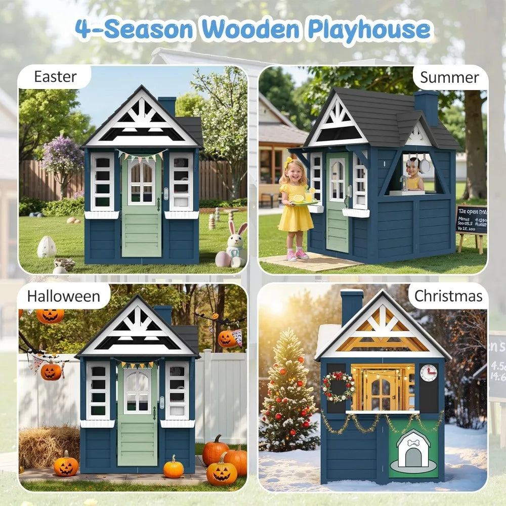 Playhouse Outdoor,Wooden Play House Playset, Large, Sturdy, Realistic Design with Kitchen, Doorbell, Customized