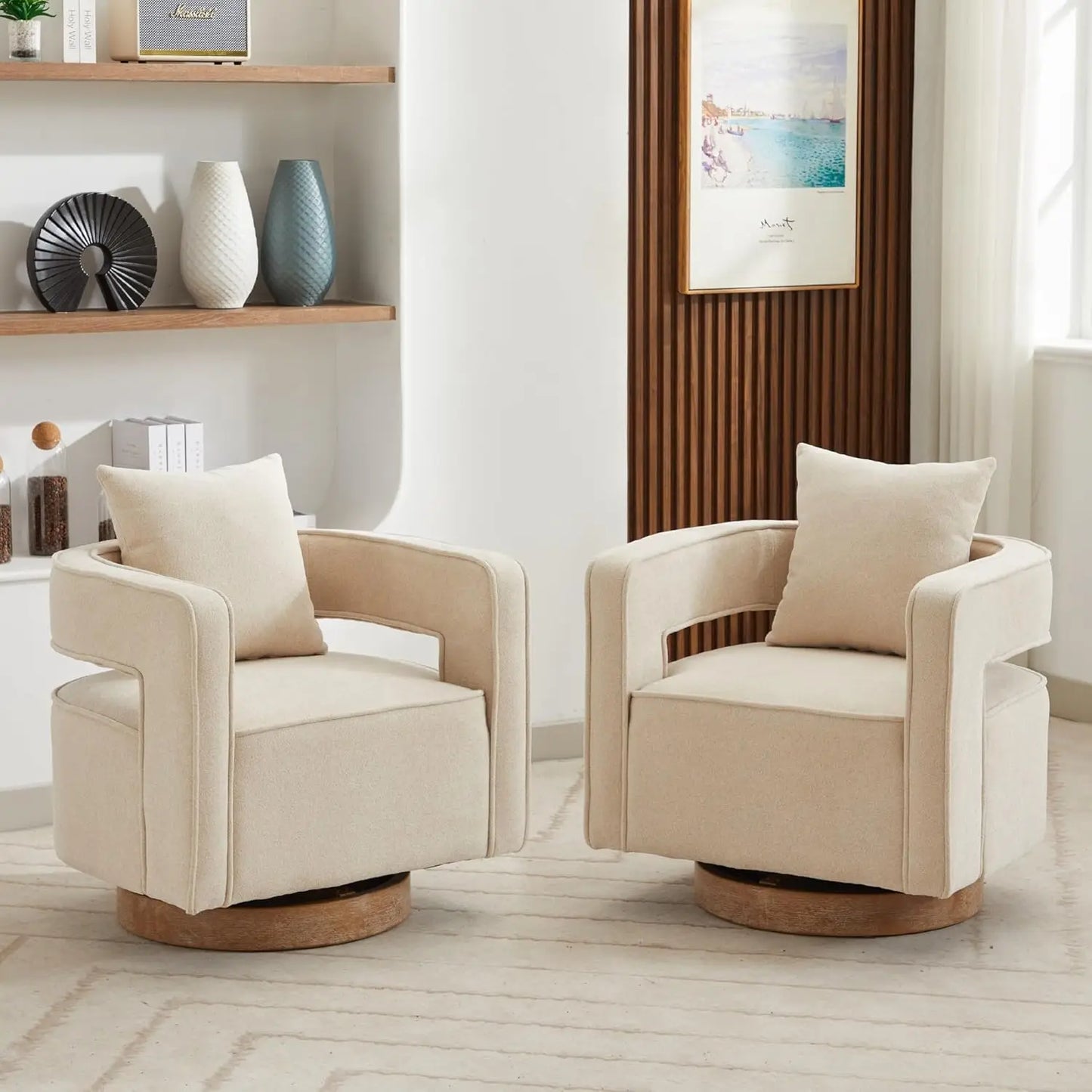 Upholstered Swivel Accent Chair Set Of 2 Linen Open Back Barrel Chair Pillow