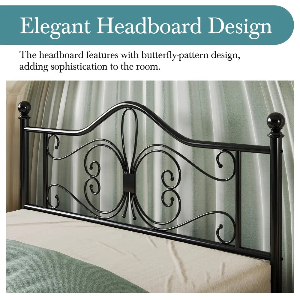 Kids Platform Bed Frame Metal With Butterfly Pattern Headboard Footboard
