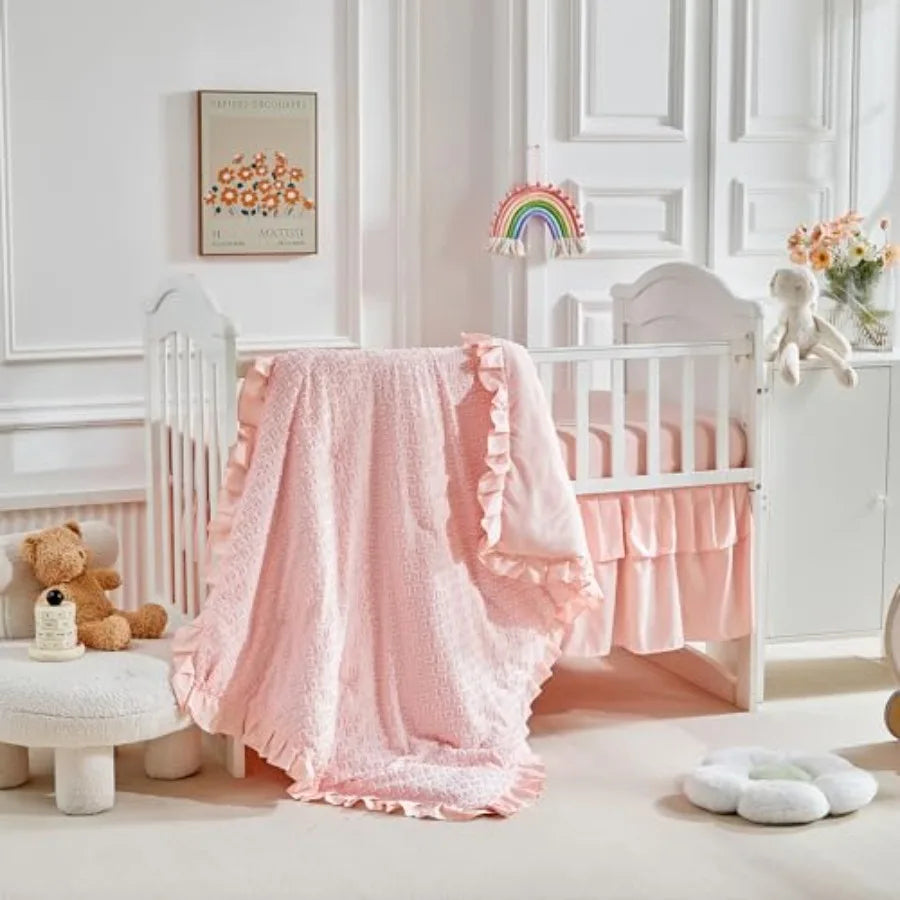 3 Pieces Tufted Crib Bedding Set with Ruffle Fringe Ruffled Comforter with Fitted Sheet and Bed Skirt Soft and Embroidery Shabb
