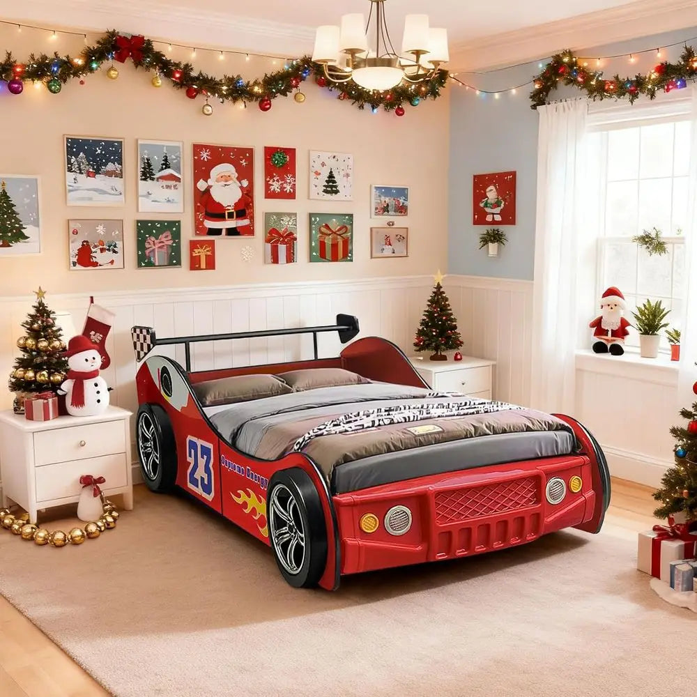 Twin Size Kids Race Car Wooden Platform Bed with Board Wheels and Support Slats for Boys Toddlers Bedroom (Red)