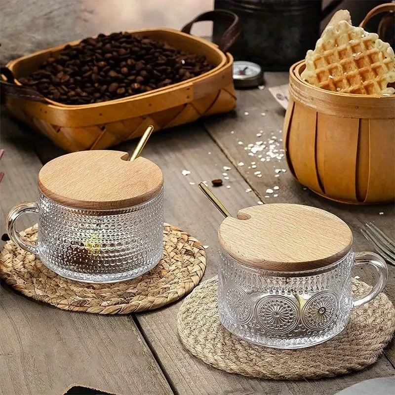 NONEDrinkware 4-Piece Glass Coffee Cup Set With Wooden Lids