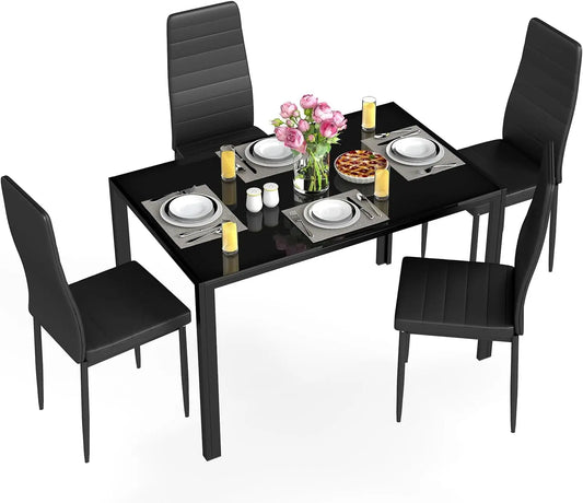 Modern Glass Dining Table Set For Four With Upholstered Chairs