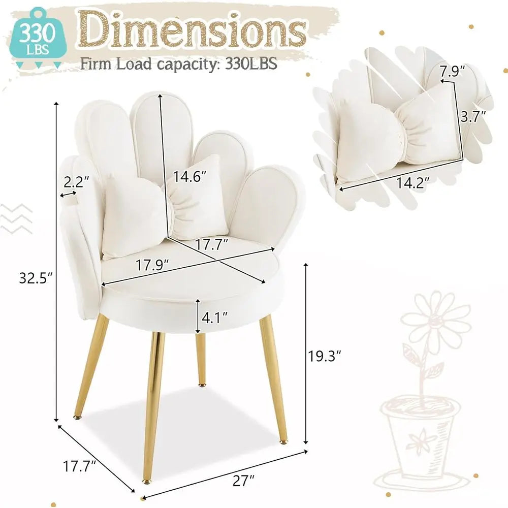 White Velvet Makeup Vanity Chair with Adjustable Gold Legs and Bow Pillow for Home Office or Bedroom