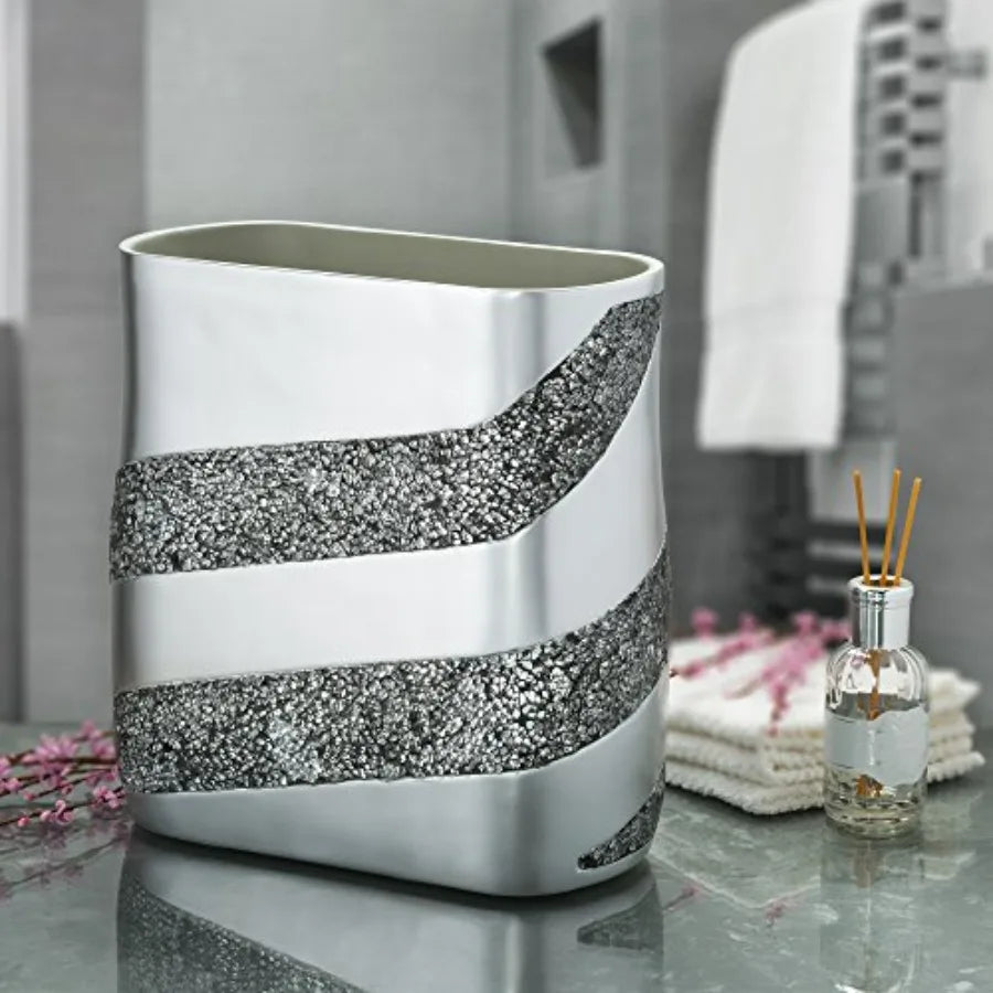 Silver Mosaic Bathroom Accessories Set 6 Piece Complete Set with Trash Can Tissue Cover Soap Dispenser Toothbrush Holder Tumble