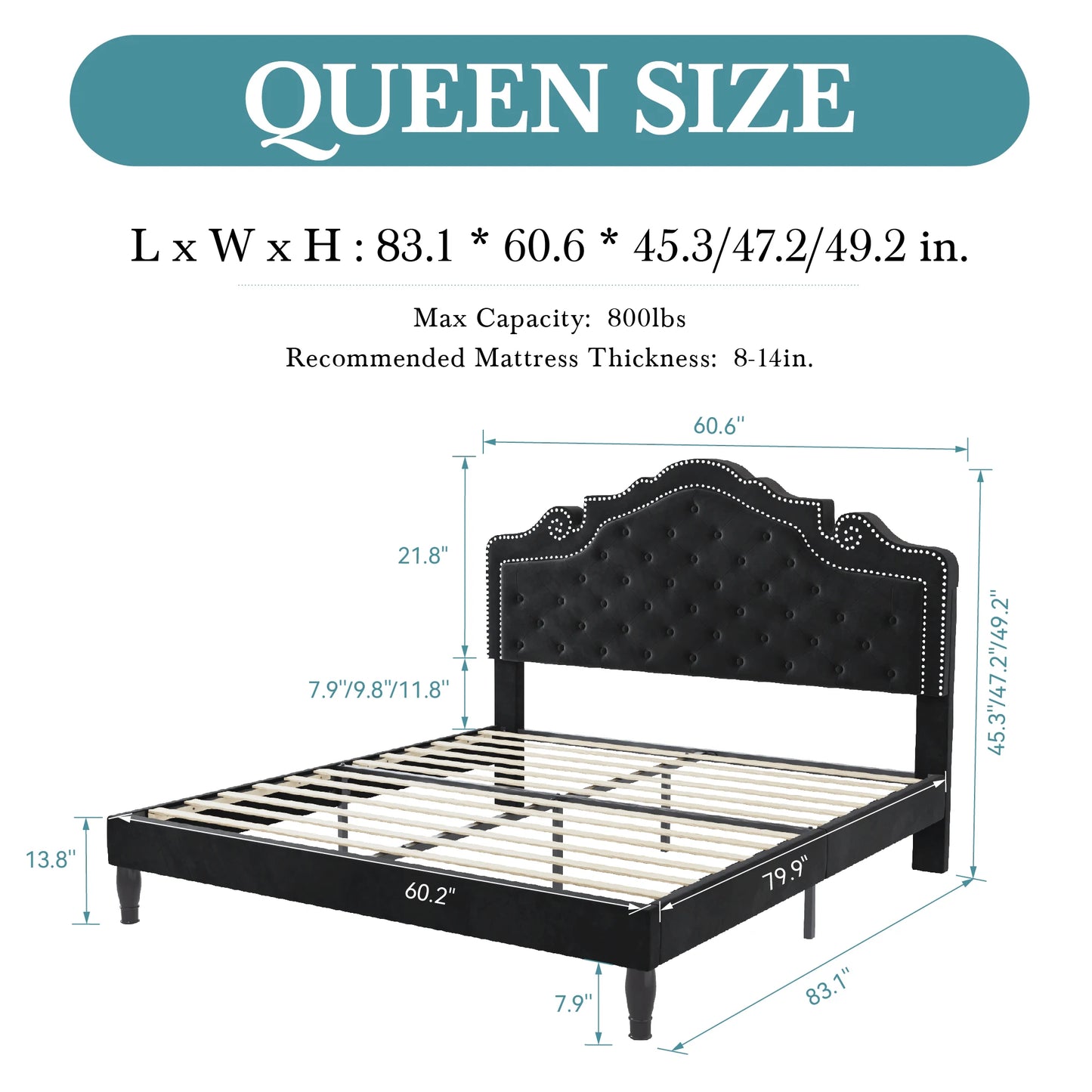 HOOMIC Velvet Bed Frame With Adjustable Tiara Headboard Diamond Tufting