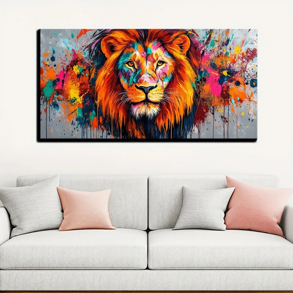 Lion Canvas Wall Art With Pine Solid Wood Frame Decoration