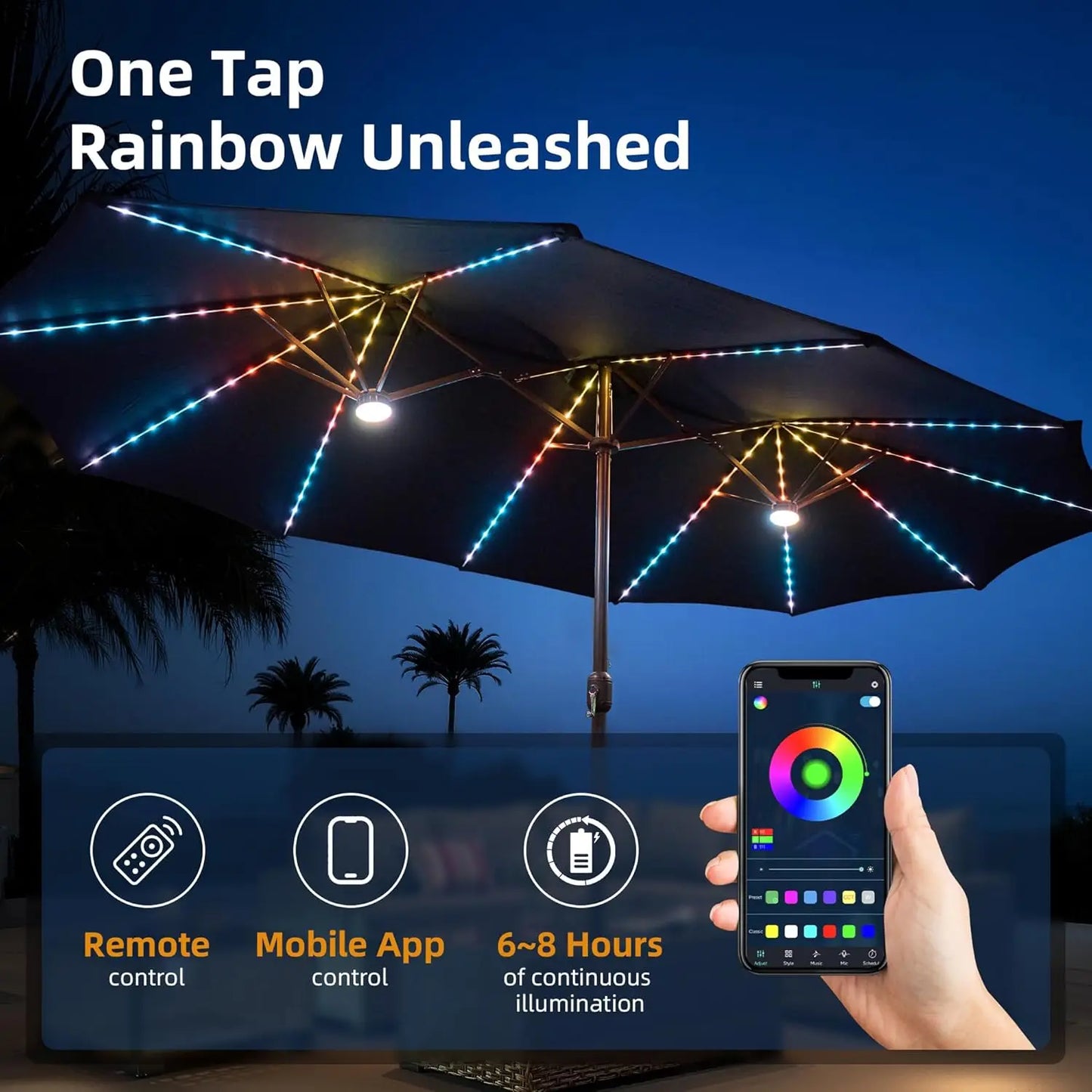 15 ft Large Patio Umbrella with Color Changing Lights,UPF50 Outdoor Table Umbrella with Solar Lights and, Customized