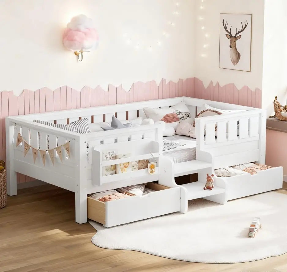 Twin Kids Bed with High Rails Built-in Bookshelf Drawers Wood Montessori Bed for Girls Boys Beige, Customized