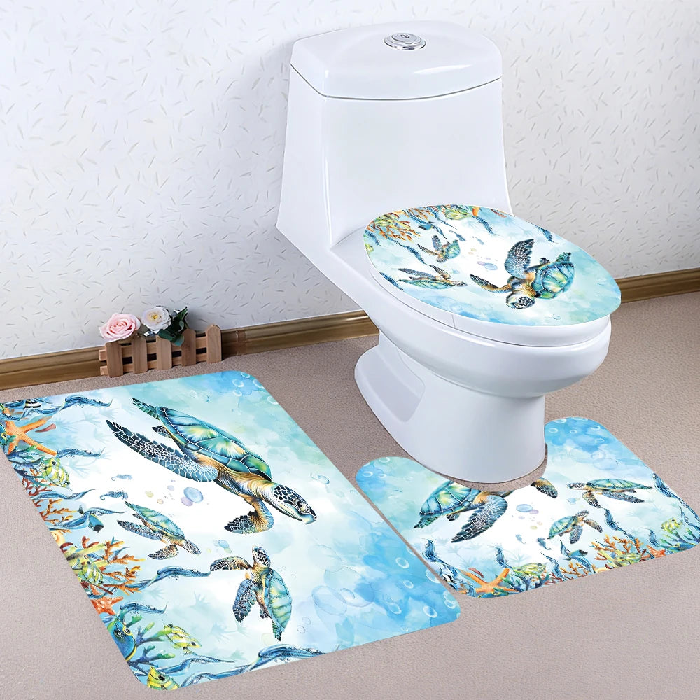 Turtle Bathroom Four Piece Set Waterproof Shower Curtain Kit