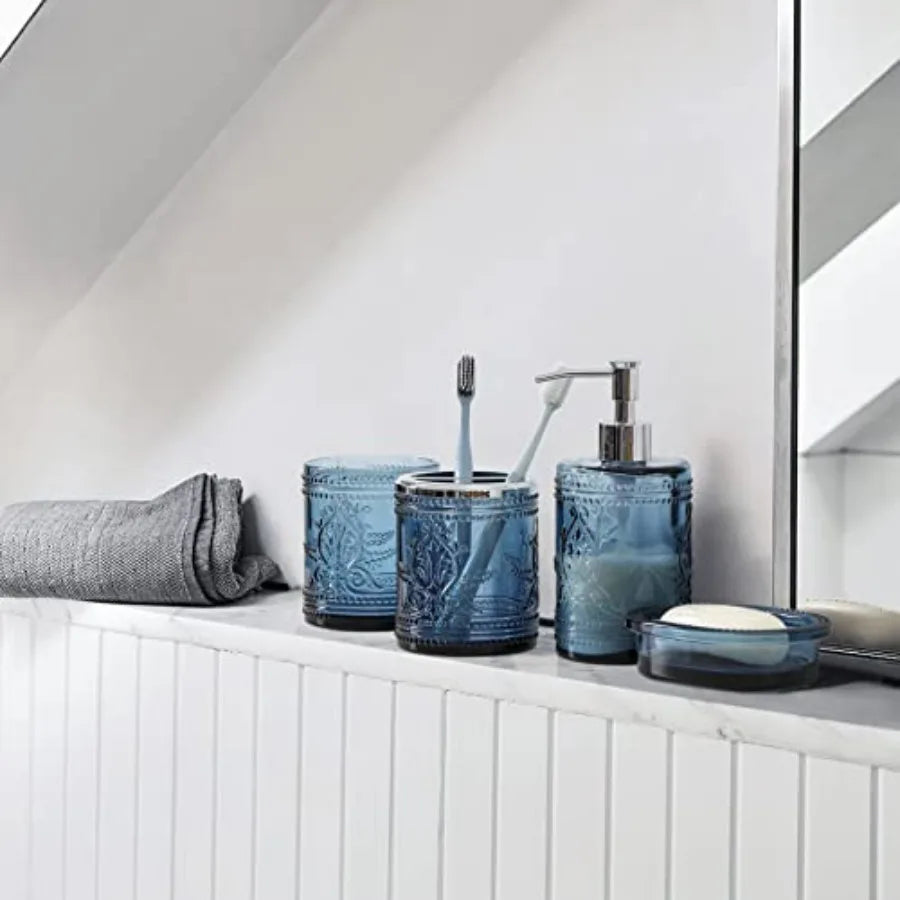 4PCs Teal Blue Glass Bathroom Accessories Set with Decorative Pressed Pattern - Includes Hand Soap Dispenser Tumbler Soap Dish