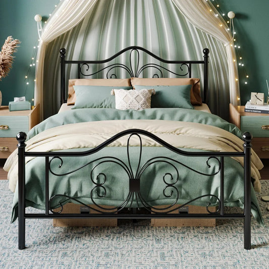 Kids Platform Bed Frame Metal With Butterfly Pattern Headboard Footboard