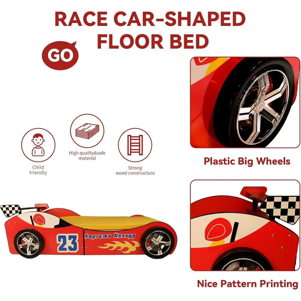 Twin Size Kids Race Car Wooden Platform Bed with Board Wheels and Support Slats for Boys Toddlers Bedroom (Red)