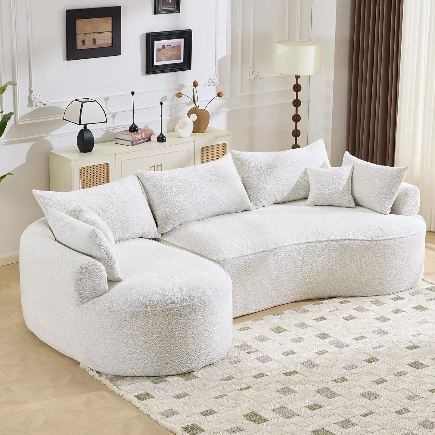 L-Shaped Sofa Sectional Couch With Curved Seat Design And 7 Pillows Customized