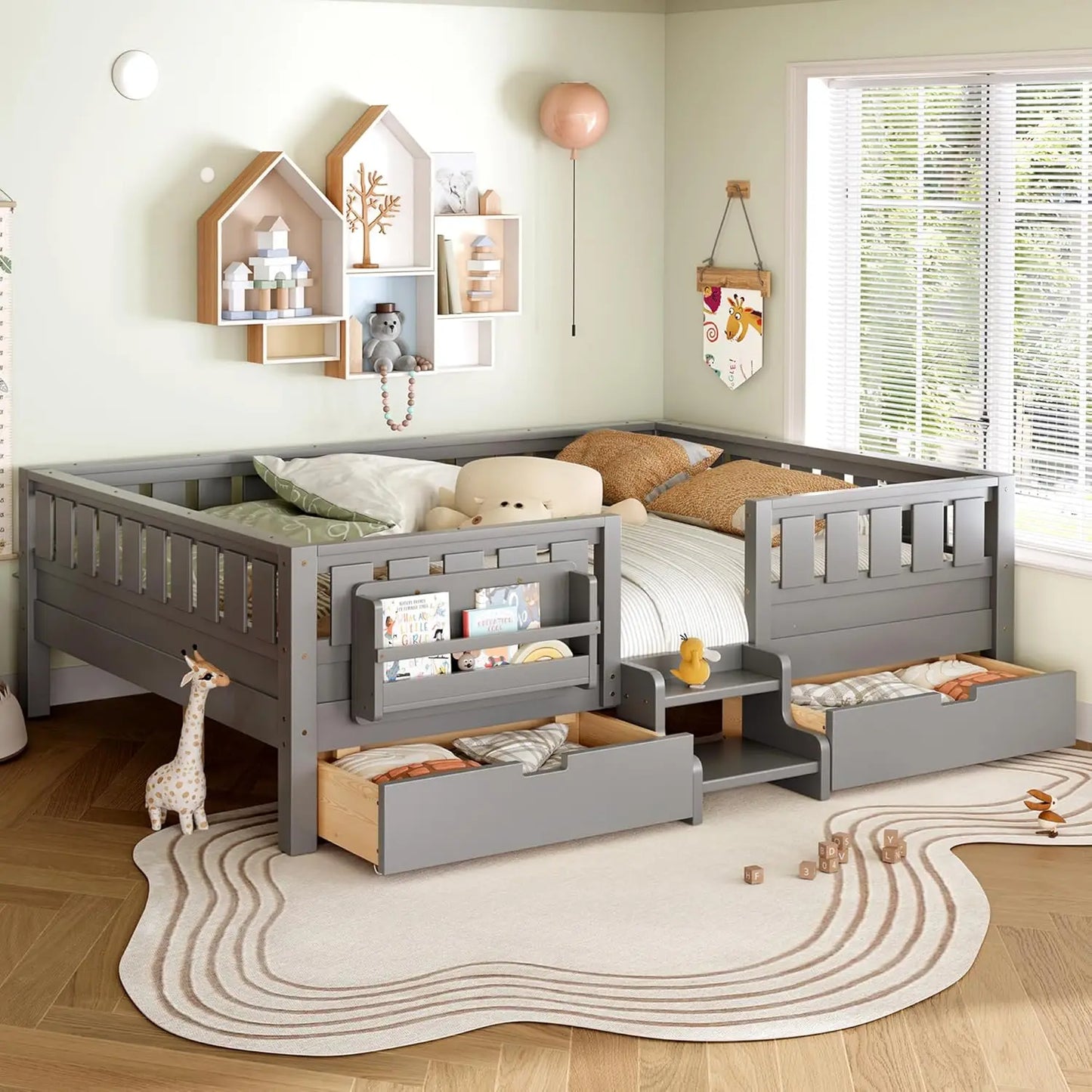 Queen Size Montessori Kids Bed Frame with Stairs Bookshelf Drawers Storage Low-Profile Wood for Boys Girls Room, Customized
