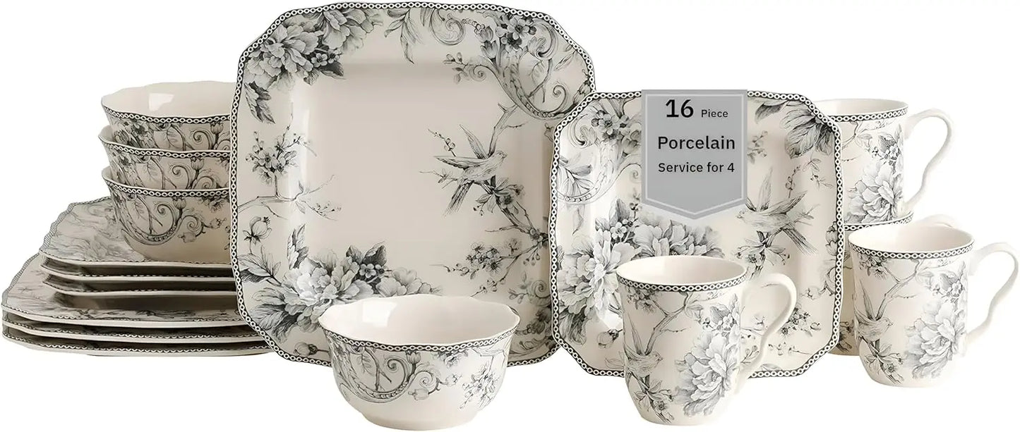 Adelaide Square Floral Porcelain Dinnerware Set For Service 4