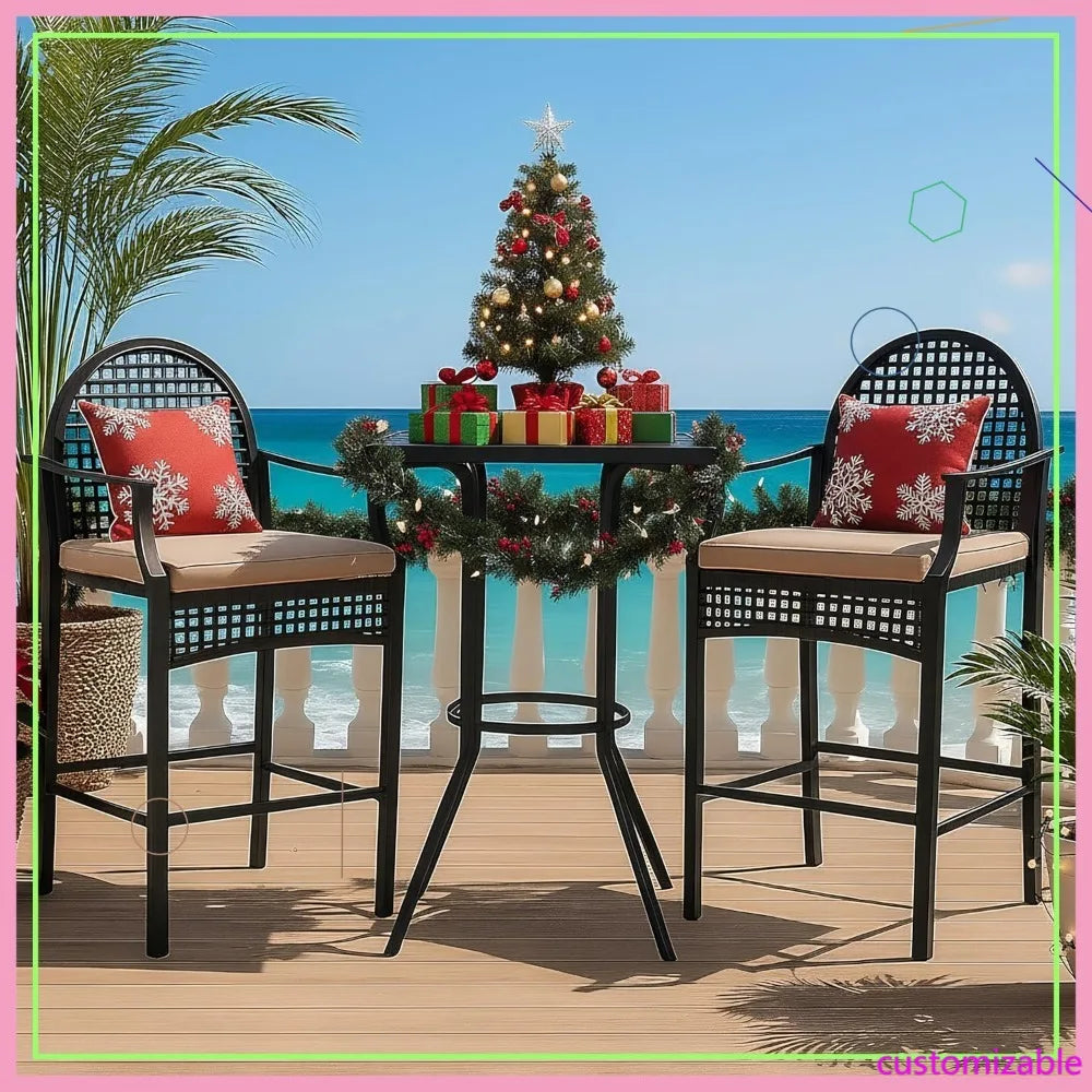 Outdoor Patio Bar Set with Cushions, Wicker Counter Height Stools and High Table, Khaki