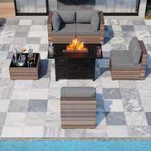 Outdoor garden patio furniture arranged beside a swimming pool in a modern garden.