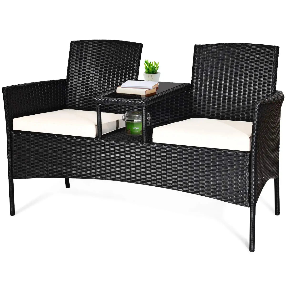 Outdoor Rattan Loveseat Modern Patio Conversation Set With Cushions Table