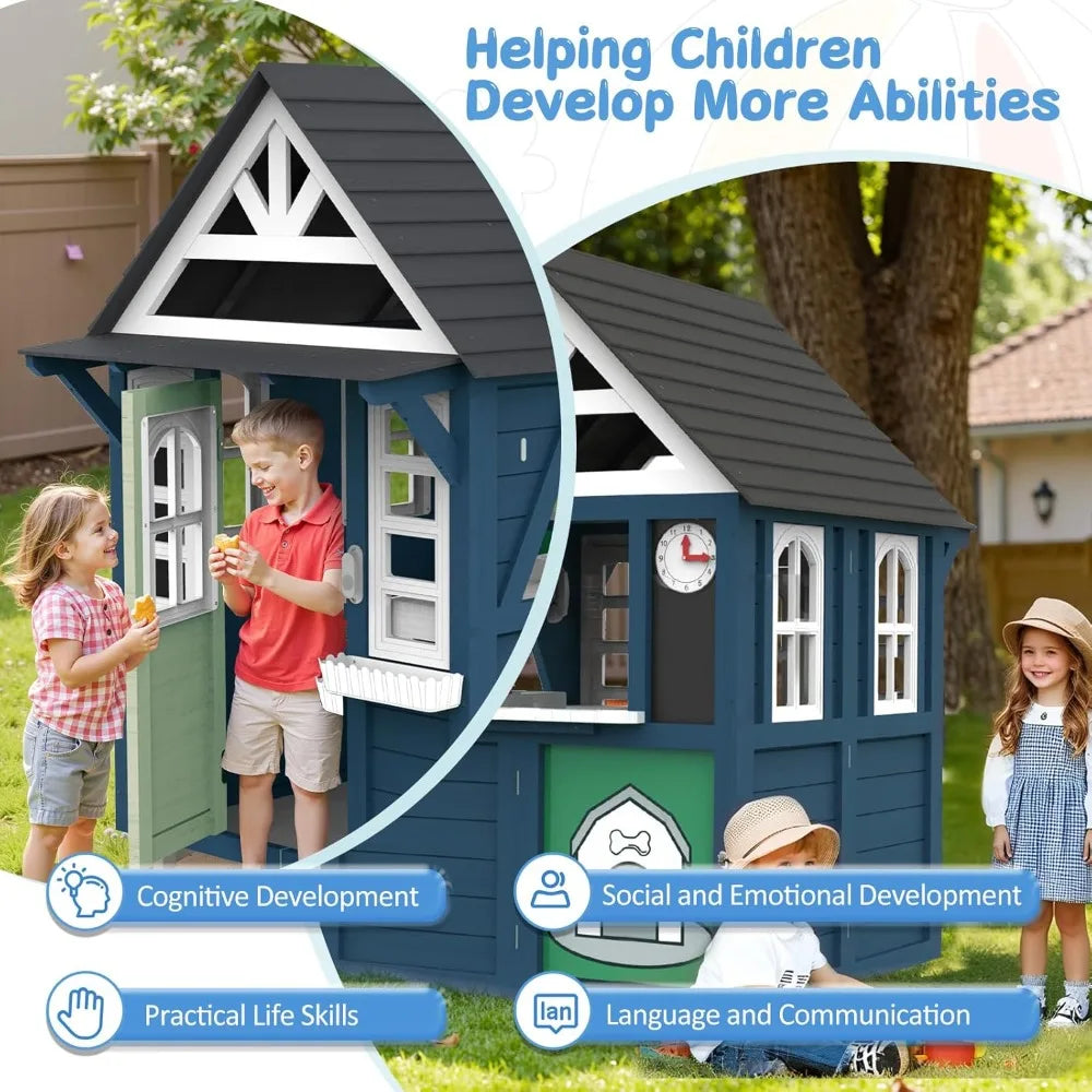 Playhouse Outdoor,Wooden Play House Playset, Large, Sturdy, Realistic Design with Kitchen, Doorbell, Customized