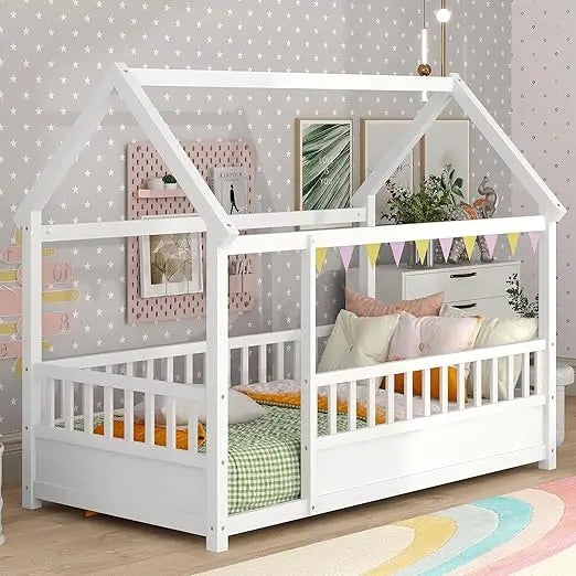 Montessori Floor Bed Twin Size, Twin Montessori Bed with Fence, Twin Size House Bed for Kids, Girls, Boys
