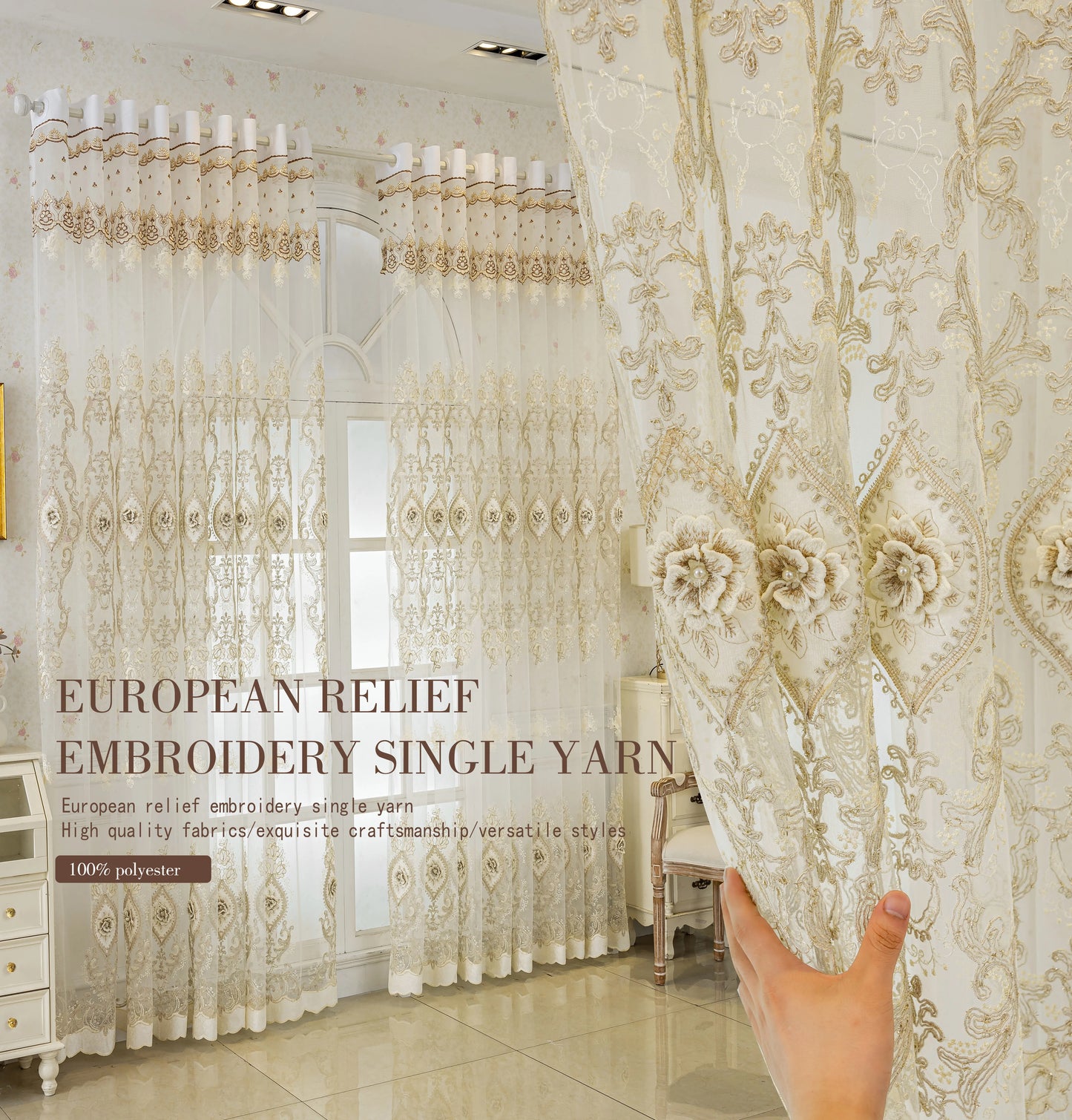 Embroidered Window Curtain With Luxurious 3D Embroidery Bedroom Living Room