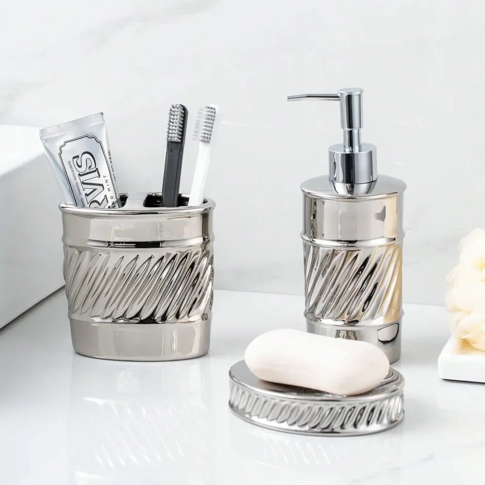 3Piece Ceramic Bathroom Accessories Set Soap Dispenser, Toothbrush Holder Soap Dish With Modern Wave Embossed Design For Bathro