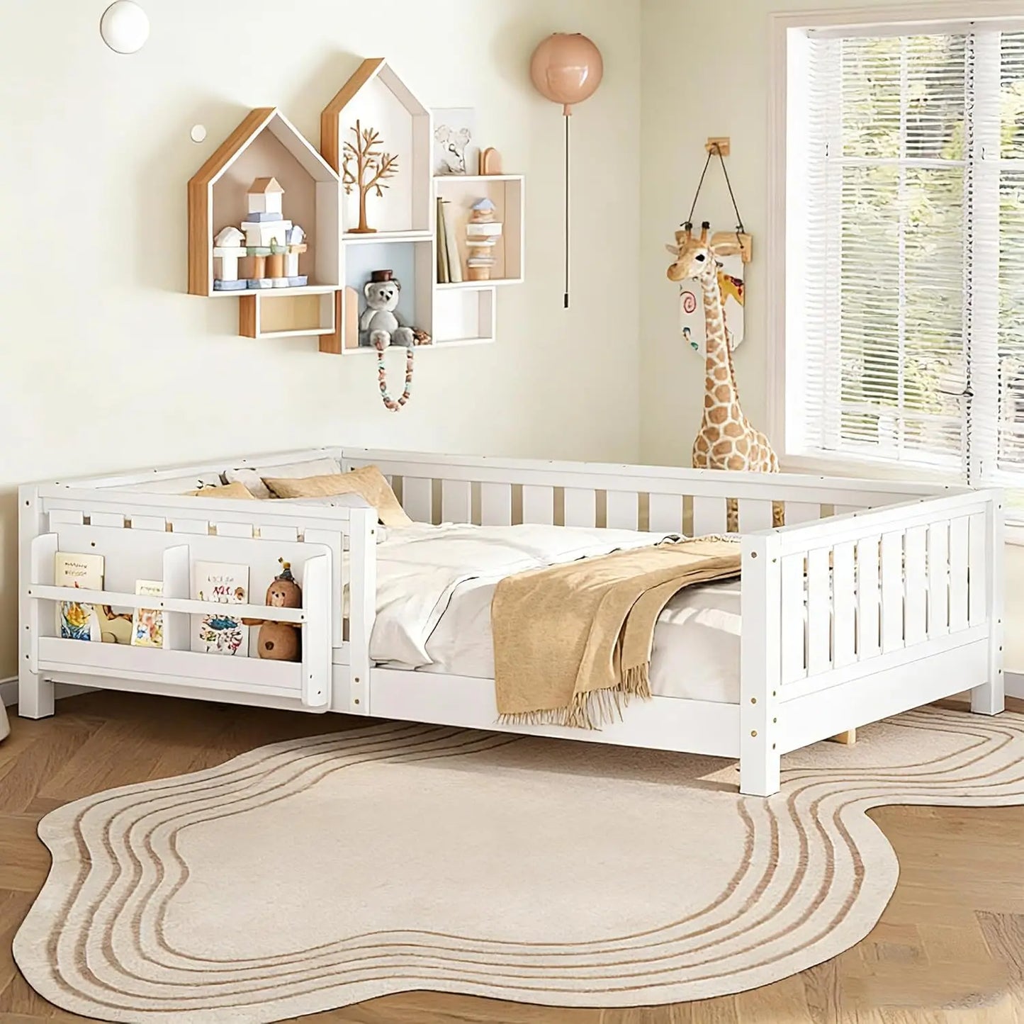 Queen Size Montessori Kids Bed Frame with Stairs Bookshelf Drawers Storage Low-Profile Wood for Boys Girls Room, Customized