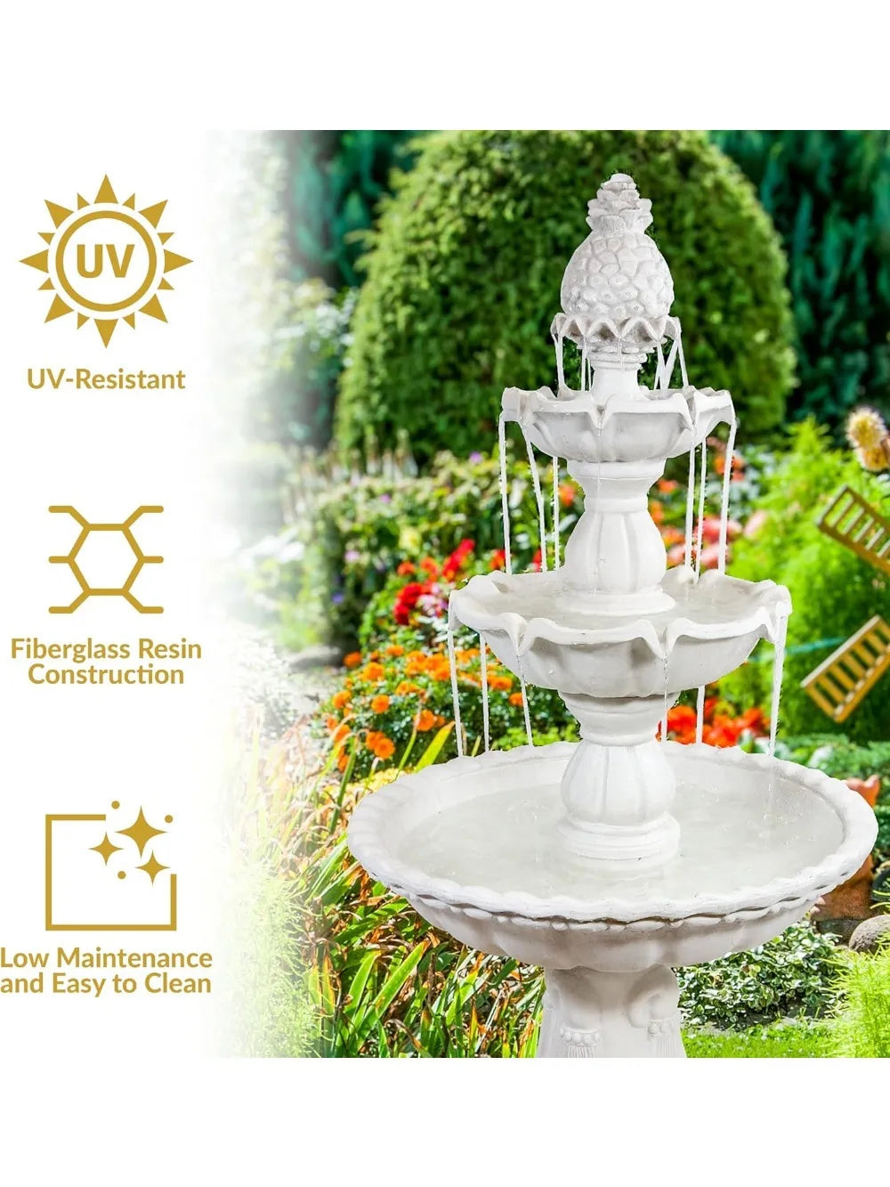 57" H Welcome 3-Tier Water Fountain - Large Electric Water Fountain with Pineapple Topper for Garden, Patio or Yard - White